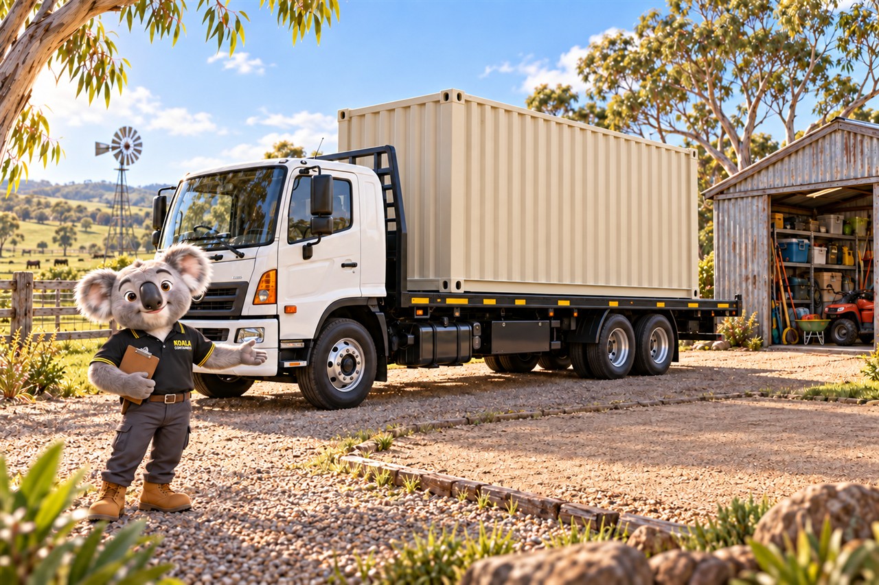 Koala mascot welcoming a container truck to a country property