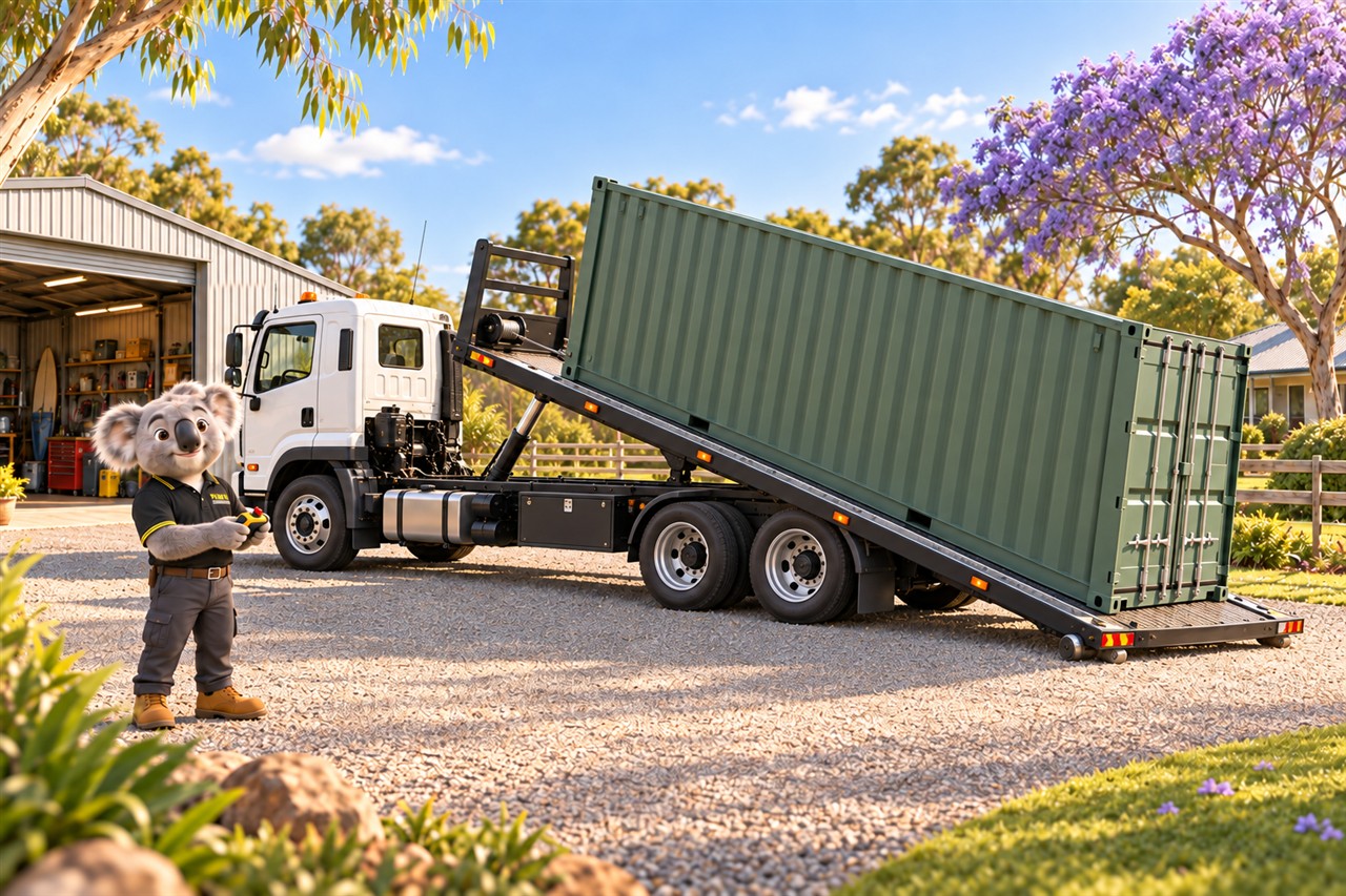 Koala mascot operating a tilt tray beside a workshop