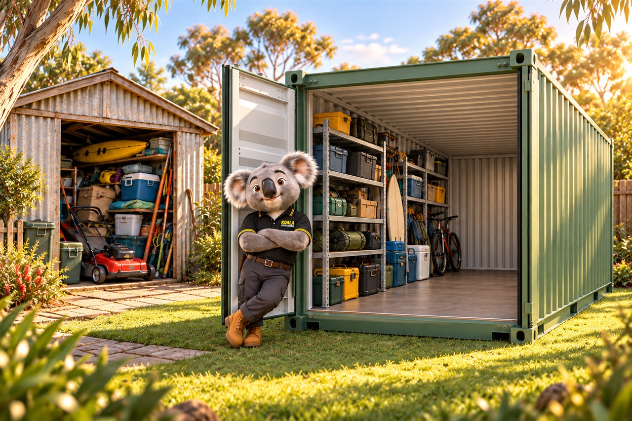 Koala’s mascot beside a tidy green container and a shed full of camping gear and tools